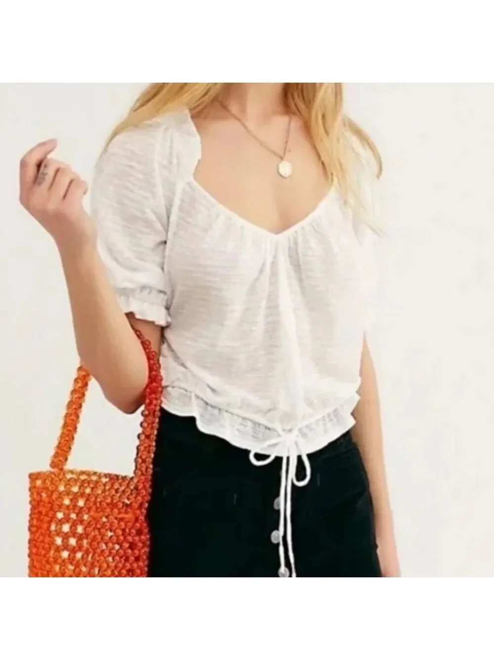 Free People Dorothy Top Cotton blend white puff shirt sleeves drawstring hem L